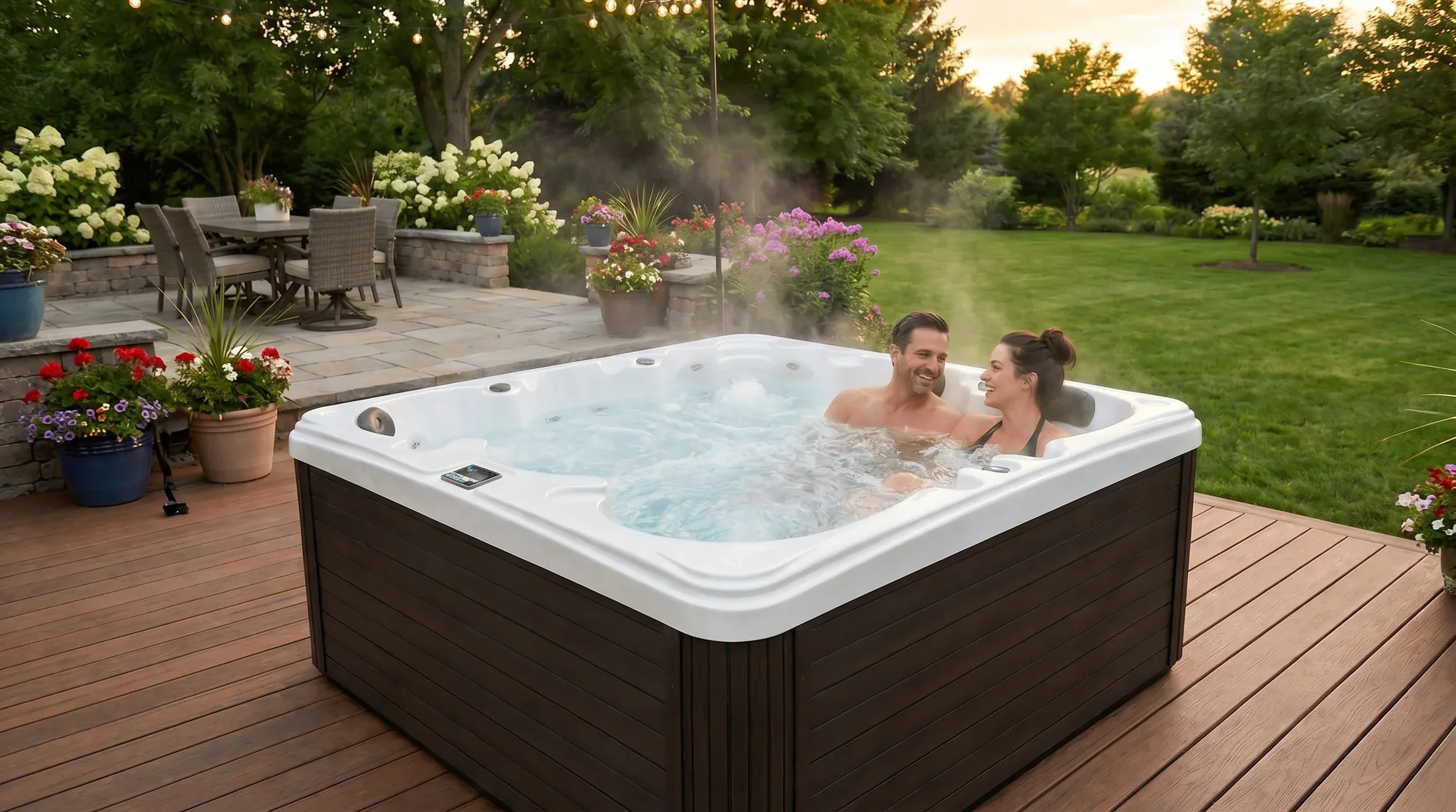 People enjoying a hot tub outdoors